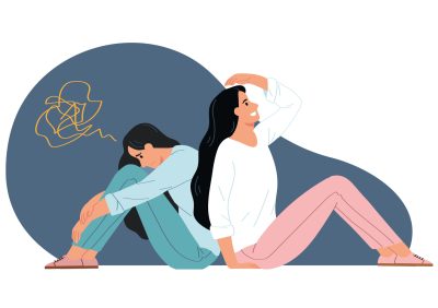 Illustration sur la santé mentale, à gauche une personne en mal être psychique et à droite une personne souriante